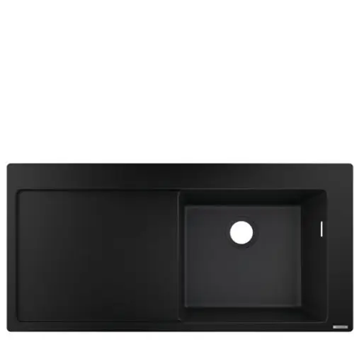Graphit schwarze Einbauspüle von Hansgrohe mit einer Abtropffläche auf der linken Seite und einem rechteckigen Becken auf der rechten Seite.